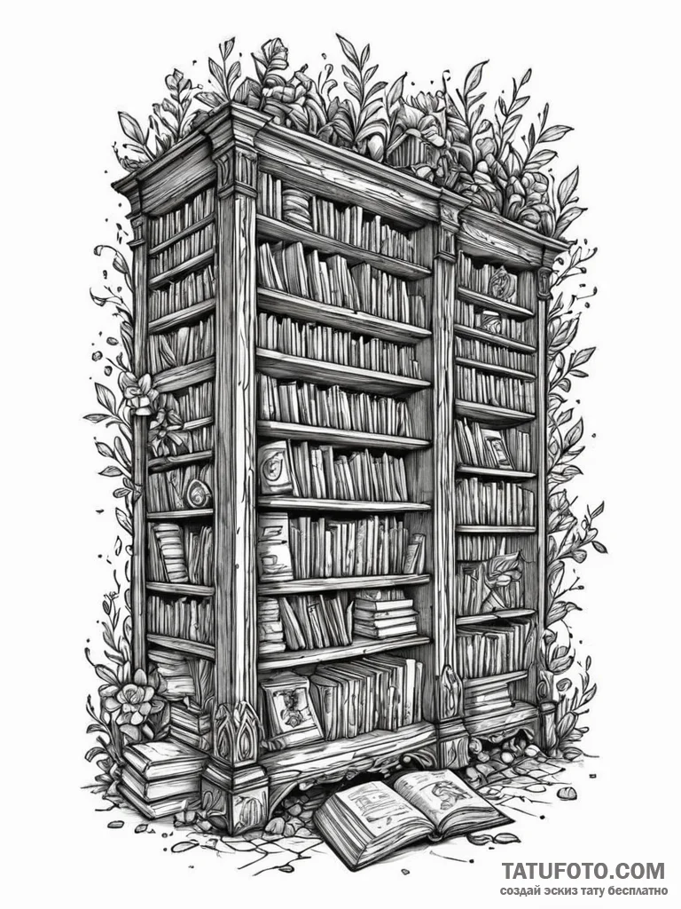 A detailed bookcase full of books, extensive,... - эскиз тату (№1751880390_0, 07.07.2025 09:26) — Tatufoto.com