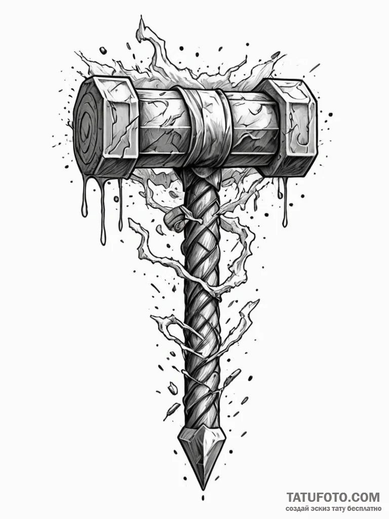 Thor's hammer, mjolnir, shattering a giant's... - эскиз тату (№1751880895_0, 07.07.2025 09:34) — Tatufoto.com