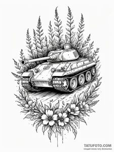 Tank treads crushing a field of flowers, tatt... - эскиз тату (№1751881482_0, 07.07.2025 09:44) — Tatufoto.com