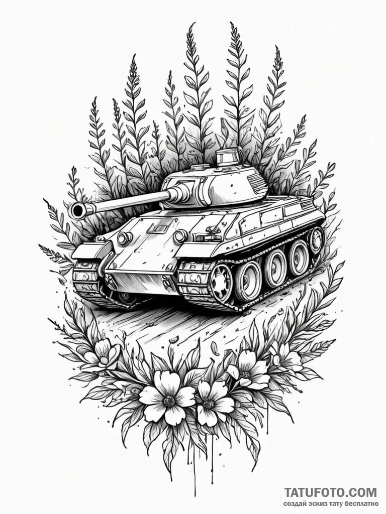 Tank treads crushing a field of flowers, tatt... - эскиз тату (№1751881482_0, 07.07.2025 09:44) — Tatufoto.com