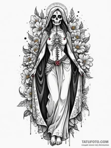 Santa muerte with a gown of marigolds and sta... - эскиз тату (№1751881650_0, 07.07.2025 09:47) — Tatufoto.com