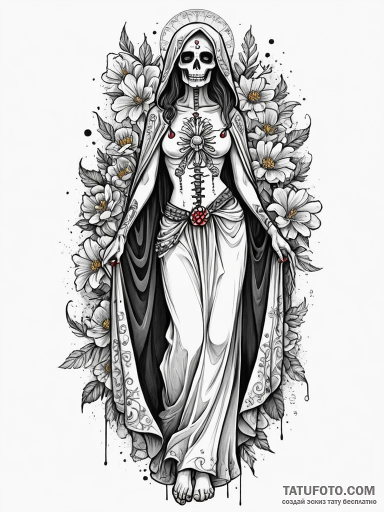Santa muerte with a gown of marigolds and sta… — эскиз тату (№1751881650_0, 07.07.2025 09:47) — Tatufoto.com