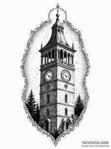 A classic bell tower with clock, landmark,, t... - эскиз тату (№1751881901_0, 07.07.2025 09:51) — Tatufoto.com