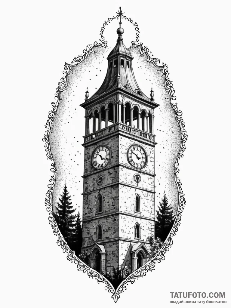 A classic bell tower with clock, landmark,, t… — эскиз тату (№1751881901_0, 07.07.2025 09:51) — Tatufoto.com