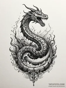 Sea serpent weaving through shipwreck, tattoo... - эскиз тату (№1751882406_0, 07.07.2025 10:00) — Tatufoto.com