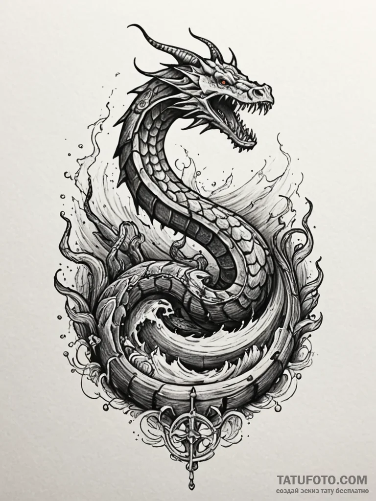 Sea serpent weaving through shipwreck, tattoo… — эскиз тату (№1751882406_0, 07.07.2025 10:00) — Tatufoto.com