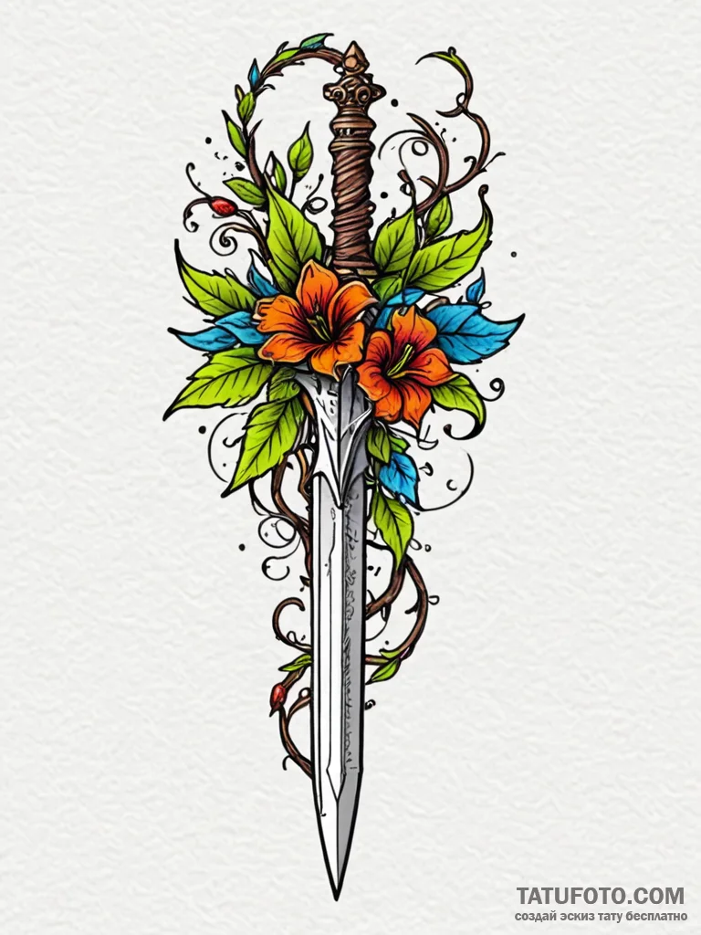 Iron dagger pierced by thorned vine, artistic... - эскиз тату (№1751882659_0, 07.07.2025 10:04) — Tatufoto.com