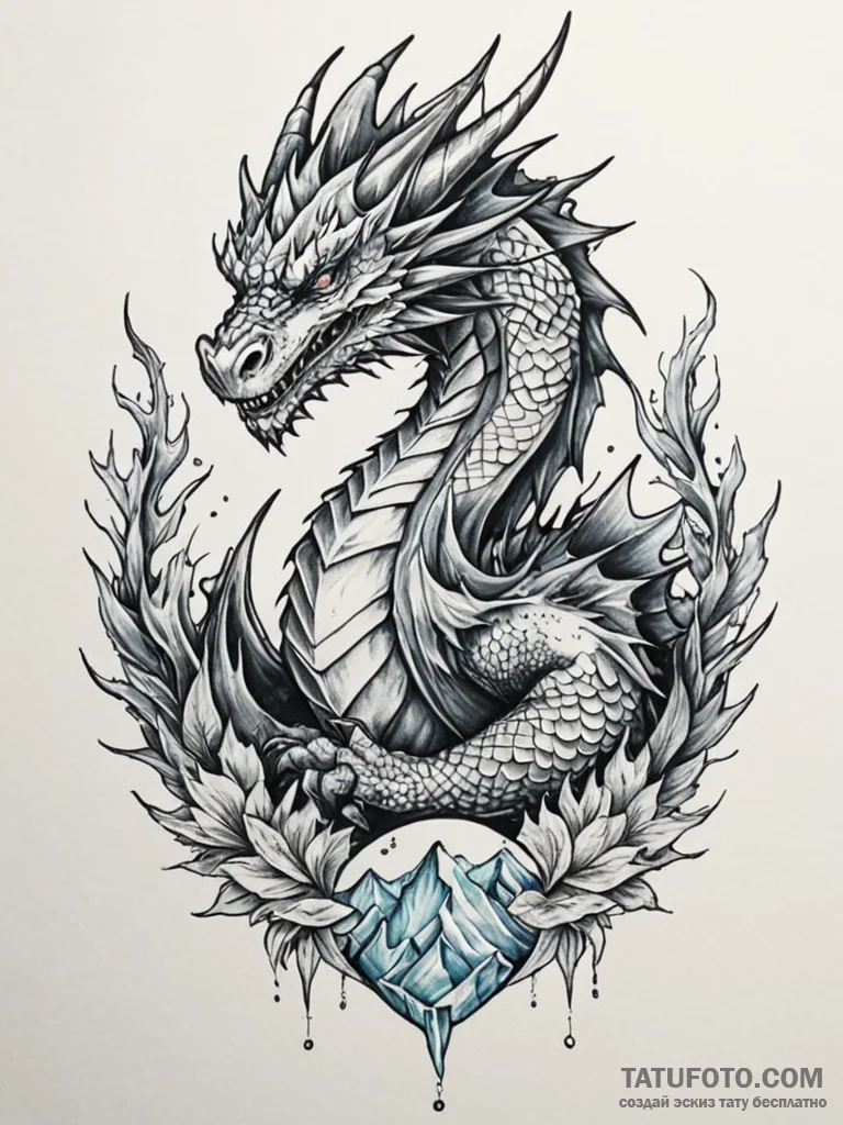 Ice dragon frozen in a glacier, tattoo flash… — эскиз тату (№1751883466_0, 07.07.2025 10:17) — Tatufoto.com