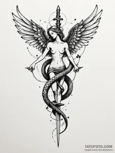 Angel snake entwined with dagger, ink illustr... - эскиз тату (№1751884053_0, 07.07.2025 10:27) — Tatufoto.com