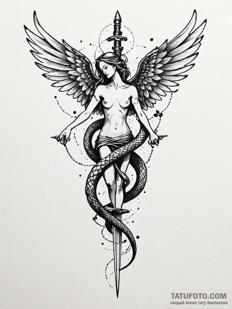 Angel snake entwined with dagger, ink illustr... - эскиз тату (№1751884053_0, 07.07.2025 10:27) — Tatufoto.com