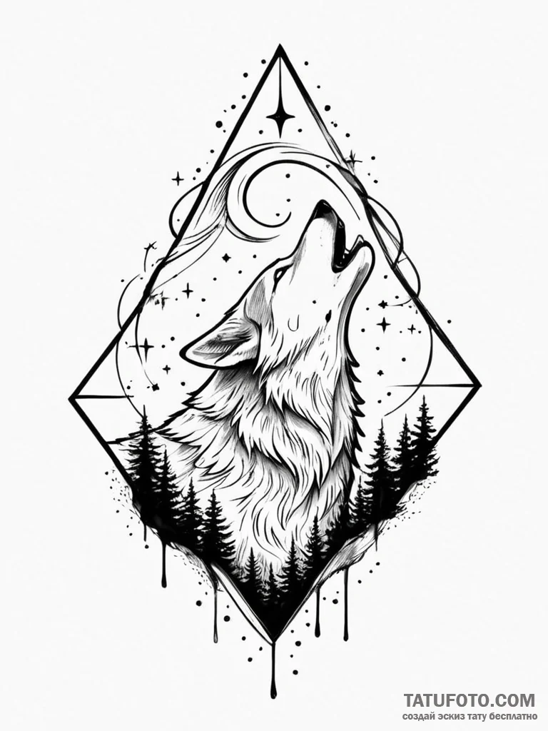Aurora wolf howling under lights, artistic ta... - эскиз тату (№1751884221_0, 07.07.2025 10:30) — Tatufoto.com
