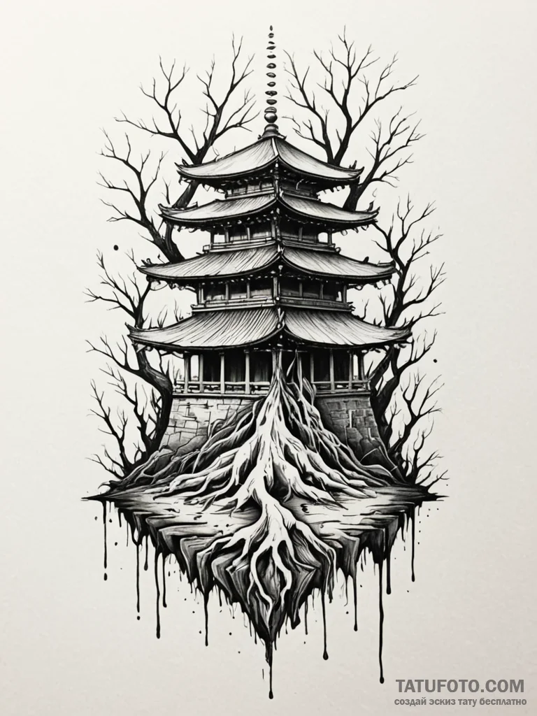 Sunken temple bound in roots, tattoo flash sh… — эскиз тату (№1751885399_0, 07.07.2025 10:49) — Tatufoto.com