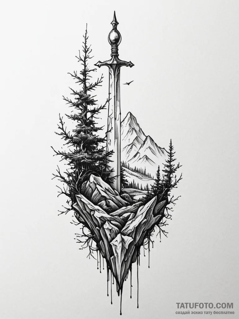 Broken sword overgrown with moss, artistic ta... - эскиз тату (№1751885483_0, 07.07.2025 10:51) — Tatufoto.com