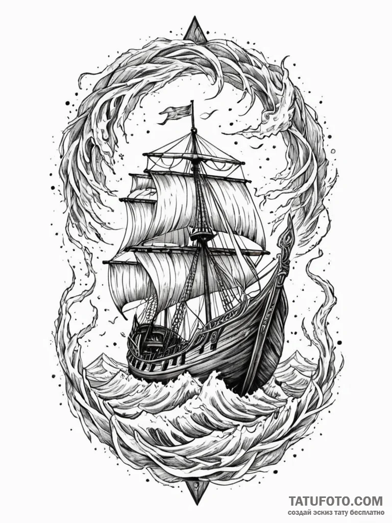 Drakkar (viking longship) sailing through a s... - эскиз тату (№1751885988_0, 07.07.2025 10:59) — Tatufoto.com