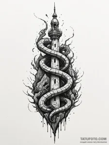 Onyx serpent through shattered spire, tattoo... - эскиз тату (№1751886071_0, 07.07.2025 11:01) — Tatufoto.com