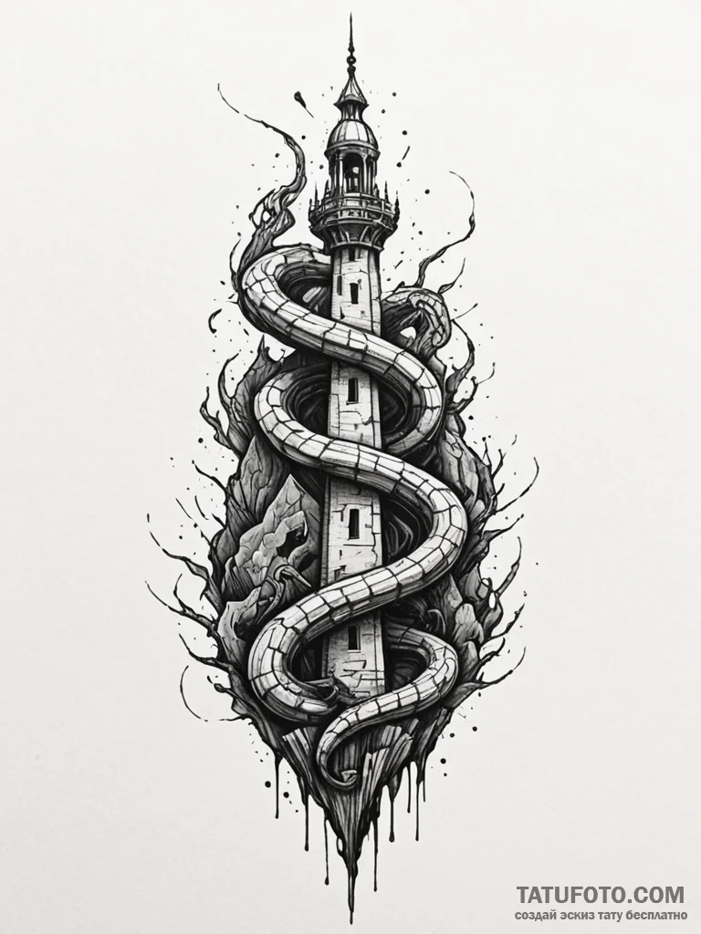 Onyx serpent through shattered spire, tattoo... - эскиз тату (№1751886071_0, 07.07.2025 11:01) — Tatufoto.com