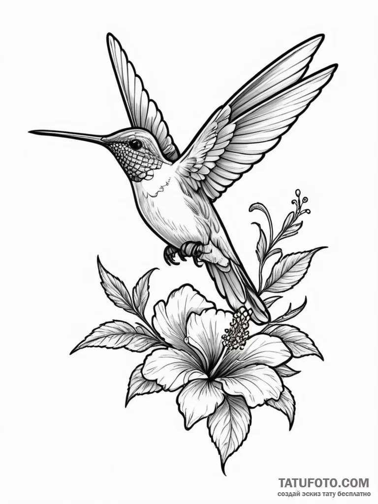 A hummingbird drinking from a hibiscus flower - эскиз тату (№1751887504_0, 07.07.2025 11:25) — Tatufoto.com