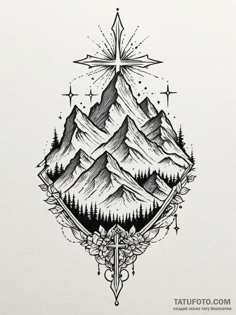 Mountain peak crowned with stars, tattoo draw... - эскиз тату (№1751887672_0, 07.07.2025 11:27) — Tatufoto.com