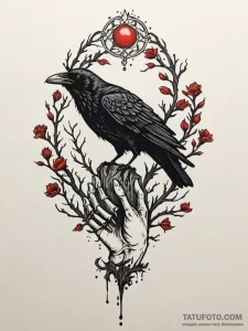 Raven perched upon skeletal hand, tattoo line… — эскиз тату (№1751888639_0, 07.07.2025 11:43) — Tatufoto.com