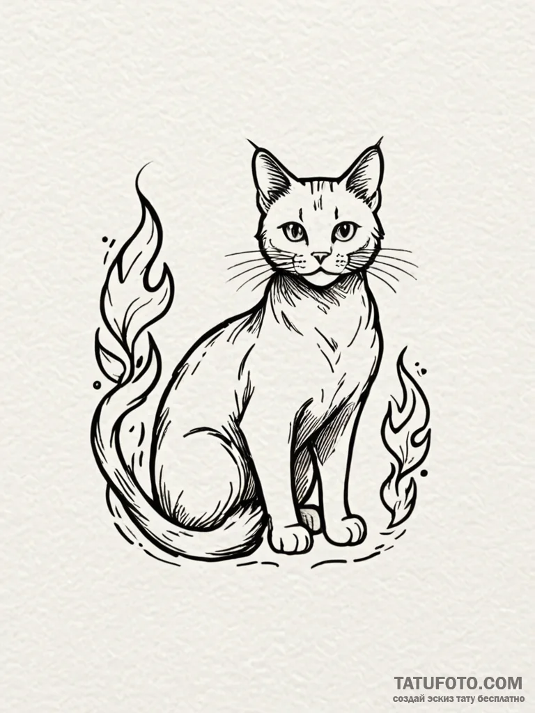 Cat with flame-tipped tail, tattoo sketch des... - эскиз тату (№1751888722_0, 07.07.2025 11:45) — Tatufoto.com