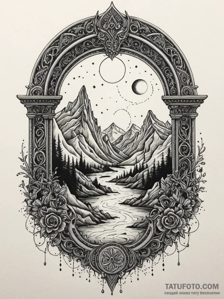 Unbound tome beneath spectral arch, tattoo li... - эскиз тату (№1751888890_0, 07.07.2025 11:48) — Tatufoto.com
