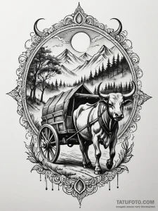 Ox cart beneath spectral mist, artistic tatto... - эскиз тату (№1751900140_0, 07.07.2025 14:55) — Tatufoto.com