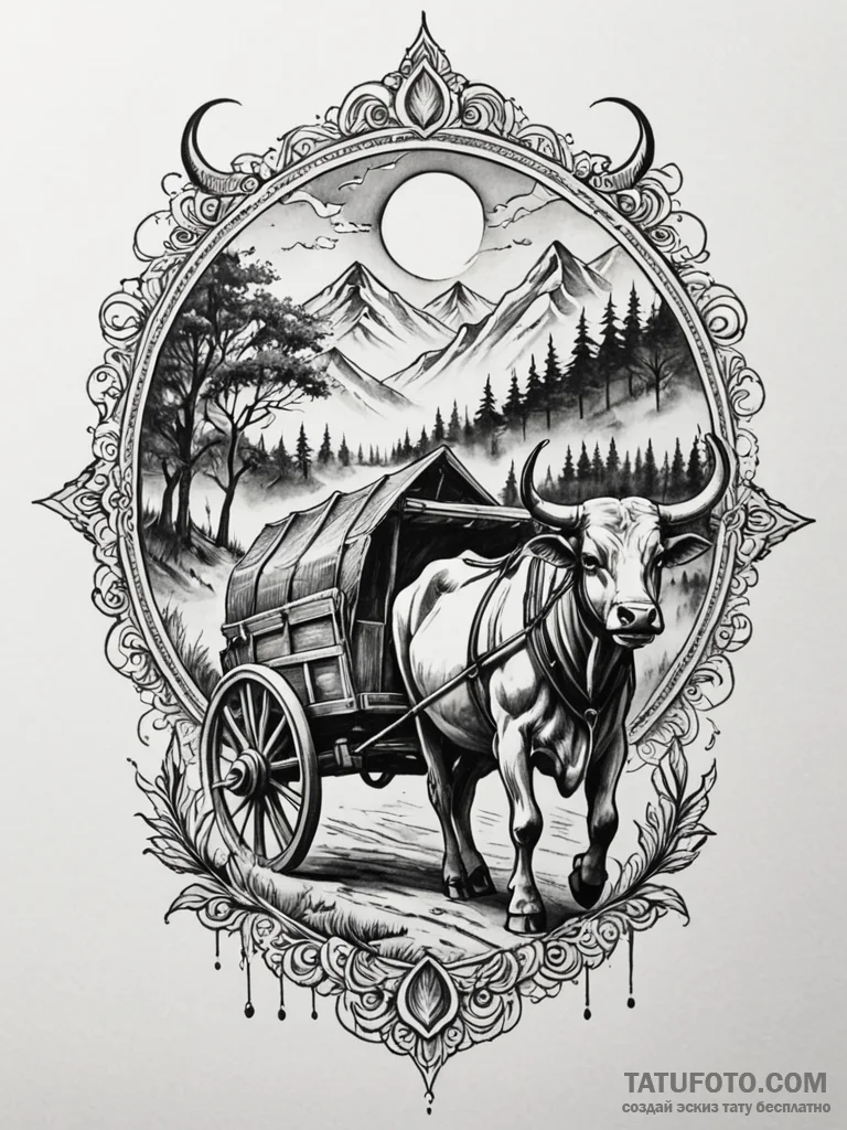 Ox cart beneath spectral mist, artistic tatto... - эскиз тату (№1751900140_0, 07.07.2025 14:55) — Tatufoto.com