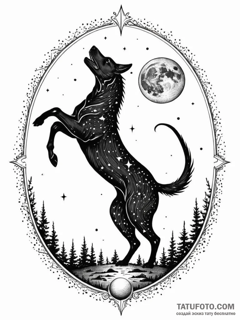 Kelpie rearing beneath full moon, artistic ta... - эскиз тату (№1751900227_0, 07.07.2025 14:57) — Tatufoto.com