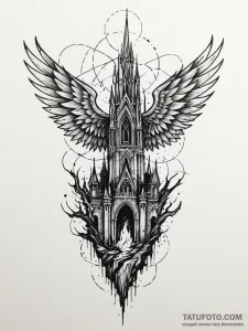 Haunted wings beneath shattered spire, tattoo... - эскиз тату (№1751901092_0, 07.07.2025 15:11) — Tatufoto.com