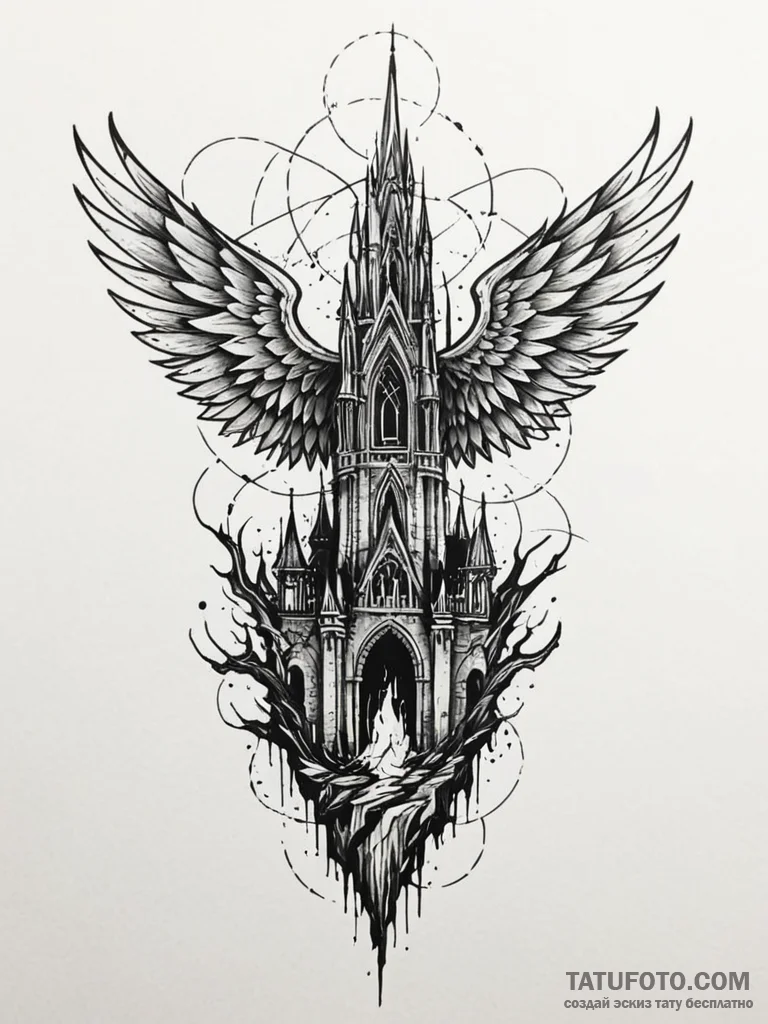 Haunted wings beneath shattered spire, tattoo... - эскиз тату (№1751901092_0, 07.07.2025 15:11) — Tatufoto.com