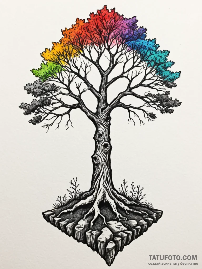 Petrified tree with a single, living leaf, ta... - эскиз тату (№1751901179_0, 07.07.2025 15:12) — Tatufoto.com