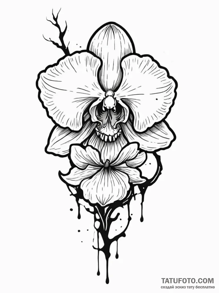 Orchid blooming from a crack in a skull, tatt… — эскиз тату (№1751902482_0, 07.07.2025 15:34) — Tatufoto.com
