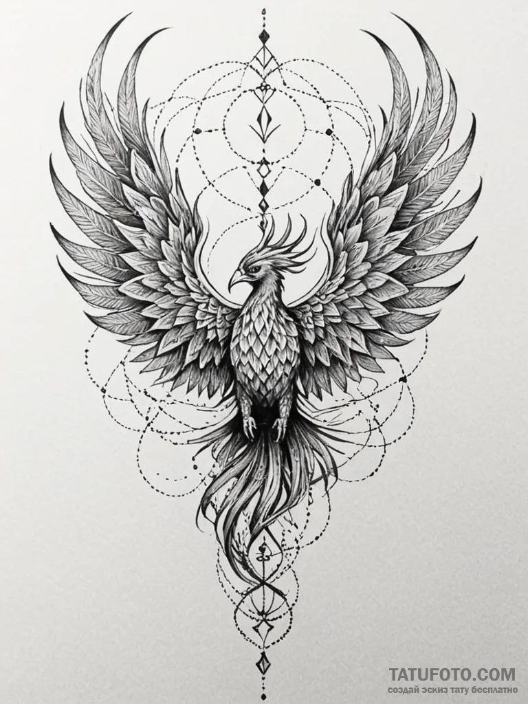 Animated phoenix with split wings, tattoo lin... - эскиз тату (№1751902825_0, 07.07.2025 15:40) — Tatufoto.com