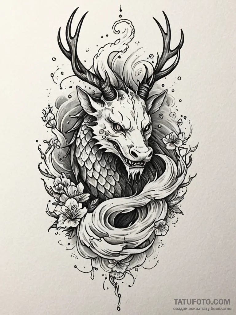 Angelic stag in stormy sky, tattoo line art,... - эскиз тату (№1751902910_0, 07.07.2025 15:41) — Tatufoto.com