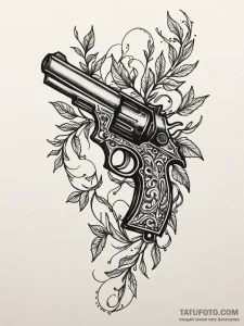 Pistol wrapped in thorned vines, tattoo flash... - эскиз тату (№1751903846_0, 07.07.2025 15:57) — Tatufoto.com