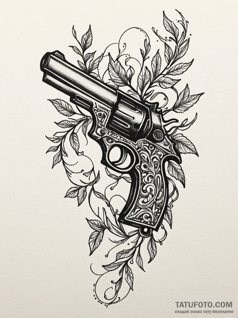 Pistol wrapped in thorned vines, tattoo flash... - эскиз тату (№1751903846_0, 07.07.2025 15:57) — Tatufoto.com