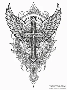 Wings, artistic tattoo sketch, detailed cross... - эскиз тату (№1751904097_0, 07.07.2025 16:01) — Tatufoto.com