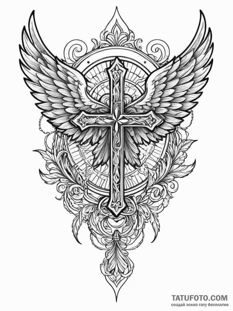 Wings, artistic tattoo sketch, detailed cross... - эскиз тату (№1751904097_0, 07.07.2025 16:01) — Tatufoto.com