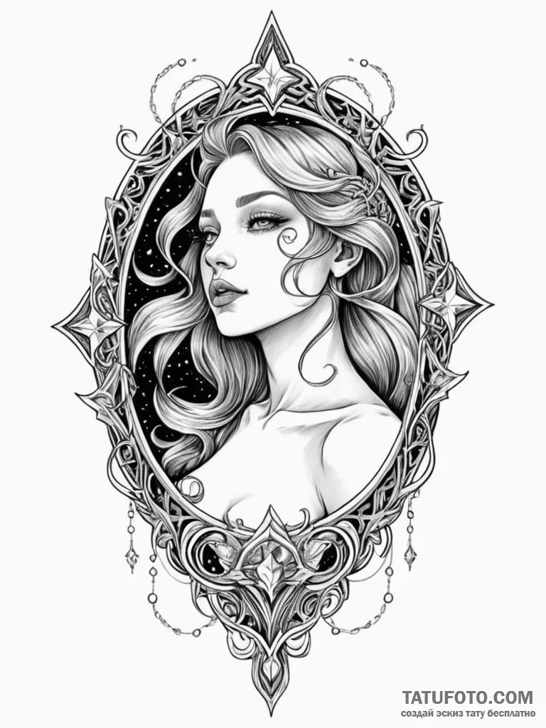 Mirror swallowing starlight, ink illustration… — эскиз тату (№1751904350_0, 07.07.2025 16:05) — Tatufoto.com
