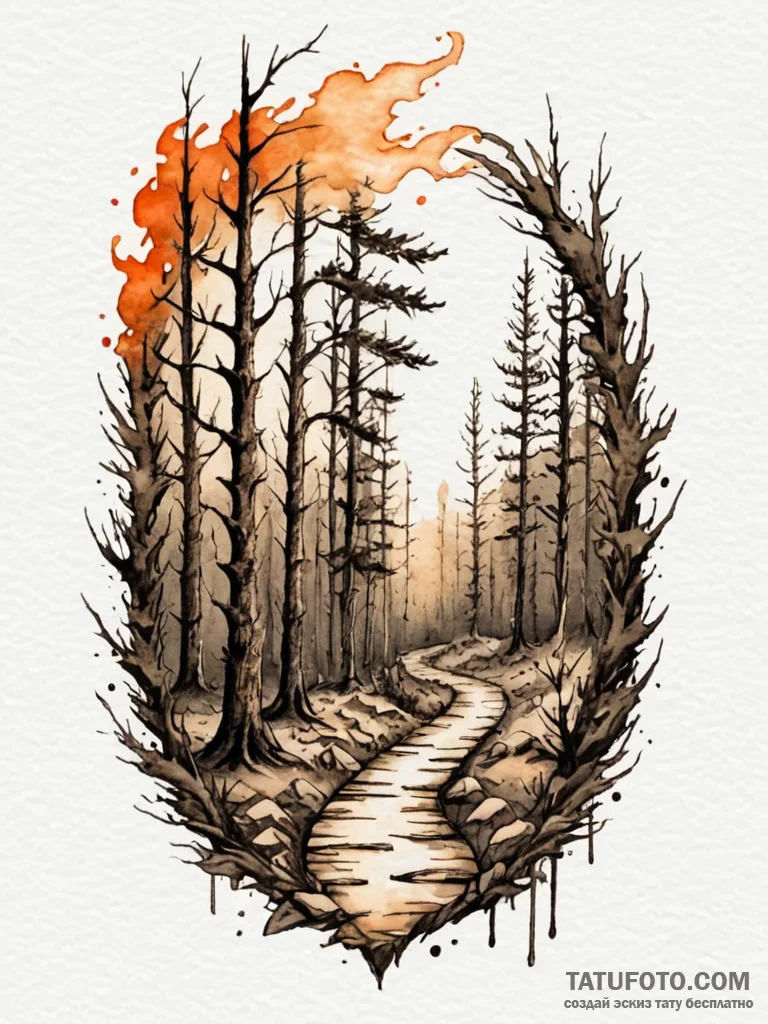 Burning path through ancient forest, tattoo s... - эскиз тату (№1751905580_0, 07.07.2025 16:26) — Tatufoto.com