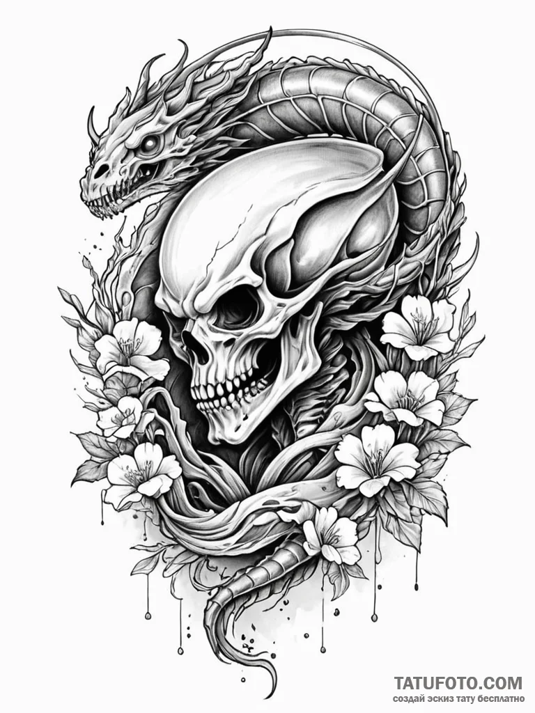 Xenomorph skull overgrown with alien fungus,... - эскиз тату (№1751906523_0, 07.07.2025 16:42) — Tatufoto.com