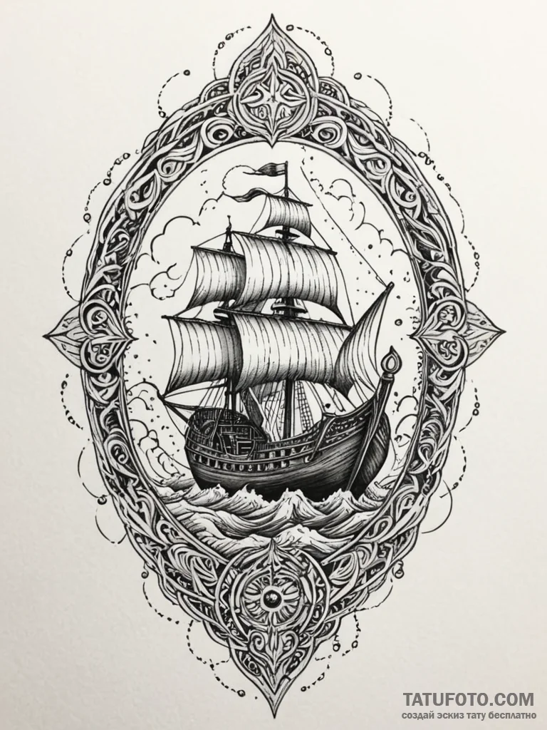Drakkar (viking longship) sailing through a s... - эскиз тату (№1751906782_0, 07.07.2025 16:46) — Tatufoto.com