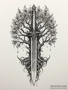 Dagger emerging from spectral tree, ink illus... - эскиз тату (№1751907125_0, 07.07.2025 16:52) — Tatufoto.com