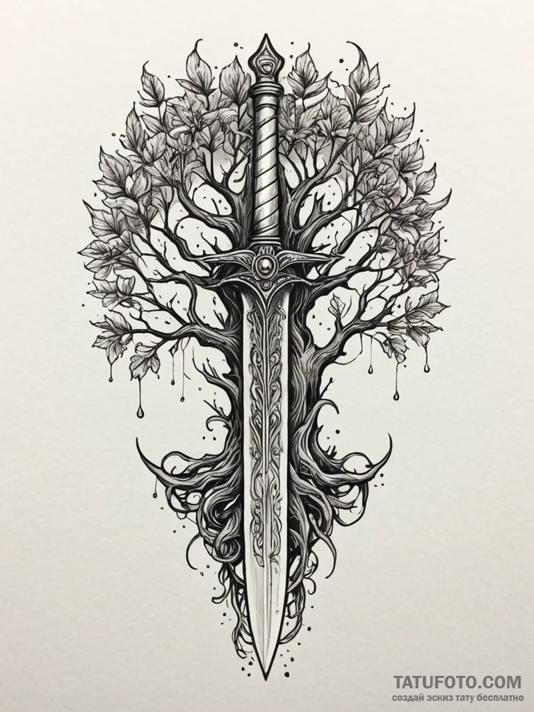 Dagger emerging from spectral tree, ink illus... - эскиз тату (№1751907125_0, 07.07.2025 16:52) — Tatufoto.com