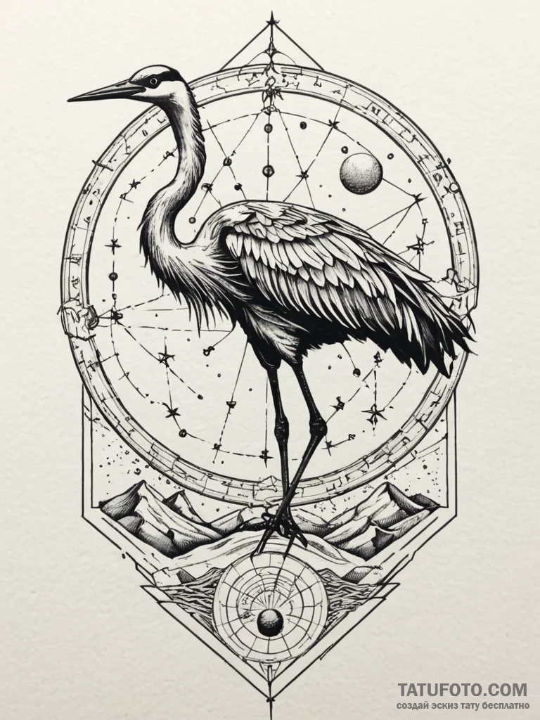 Crane (bird) made from folded, ancient star c... - эскиз тату (№1751907211_0, 07.07.2025 16:53) — Tatufoto.com