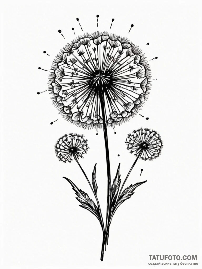 Dandelion, ink illustration for tattoo, minim... - эскиз тату (№1751907297_0, 07.07.2025 16:54) — Tatufoto.com