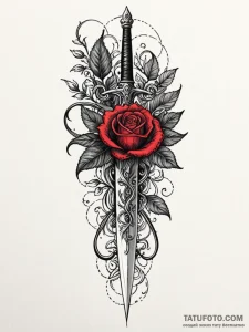 Rosethorn dagger beneath crimson bloom, ink i... - эскиз тату (№1751907724_0, 07.07.2025 17:02) — Tatufoto.com