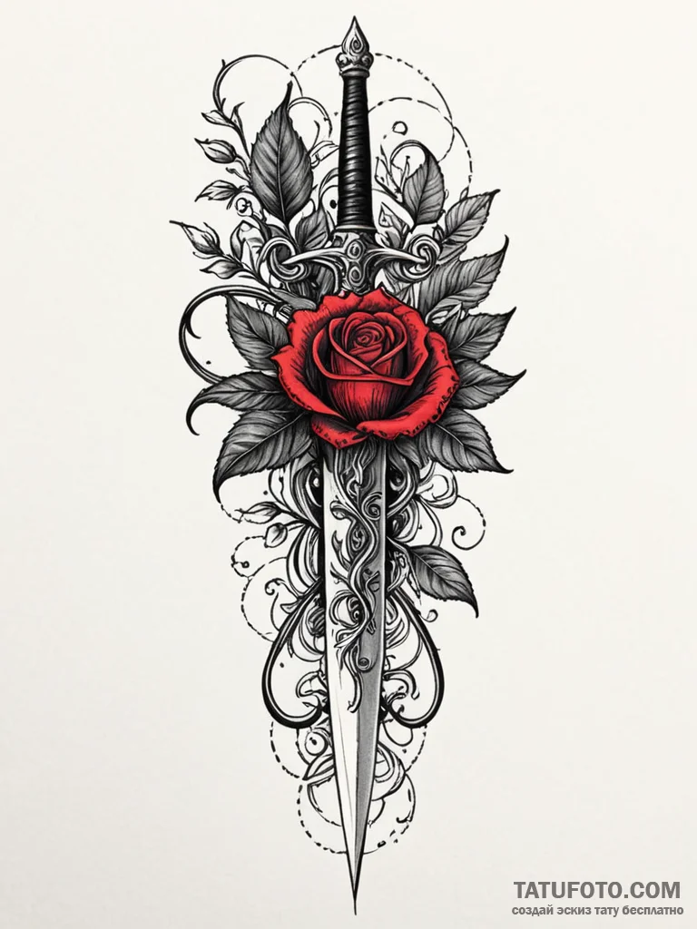 Rosethorn dagger beneath crimson bloom, ink i... - эскиз тату (№1751907724_0, 07.07.2025 17:02) — Tatufoto.com