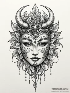 Totem mask crowned in ivy, tattoo flash sheet... - эскиз тату (№1751908403_0, 07.07.2025 17:13) — Tatufoto.com
