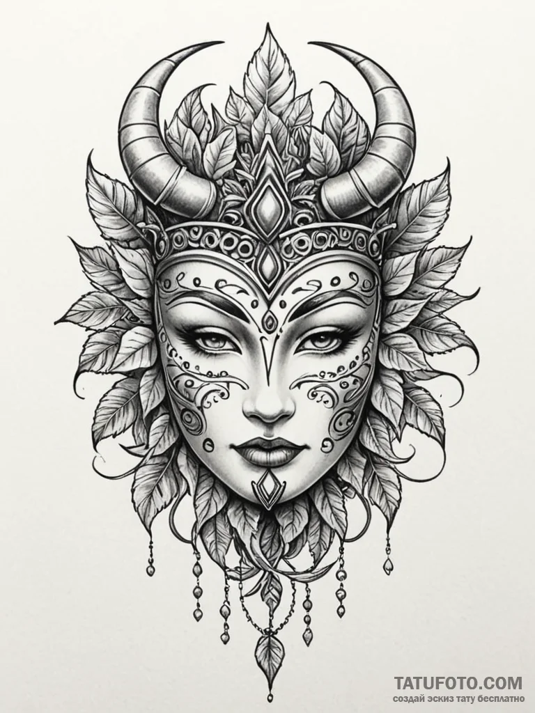 Totem mask crowned in ivy, tattoo flash sheet... - эскиз тату (№1751908403_0, 07.07.2025 17:13) — Tatufoto.com